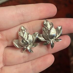 1960s Crown Trifari Silver Tone Blooming Rose Clip Earrings